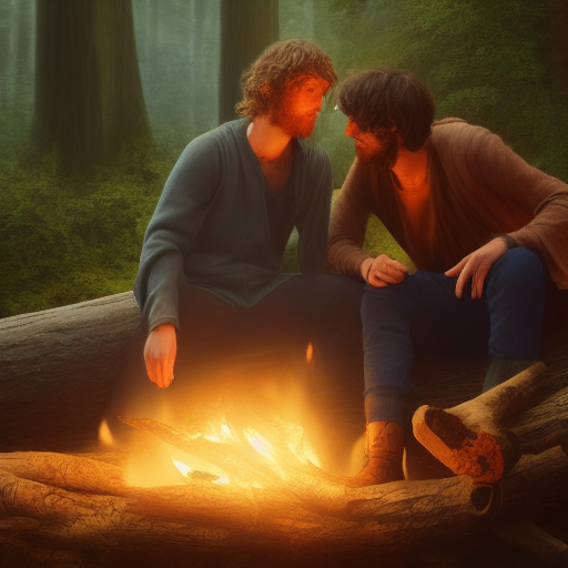 We see a close-up of Merlin and Luke, sitting on a log in the heart of the forest, deep in conversation over a fire.